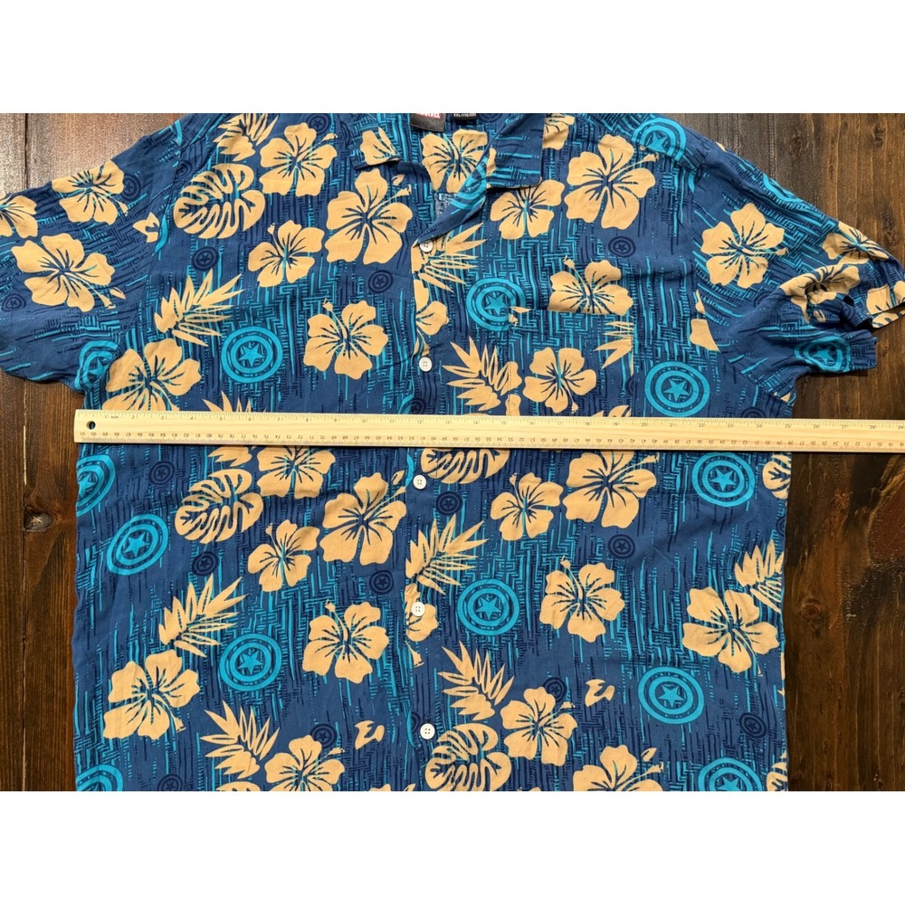 Marvel Captain America Mens XXL Blue Tropical Hibiscus Aloha Button Down Shirt - Picture 5 of 6